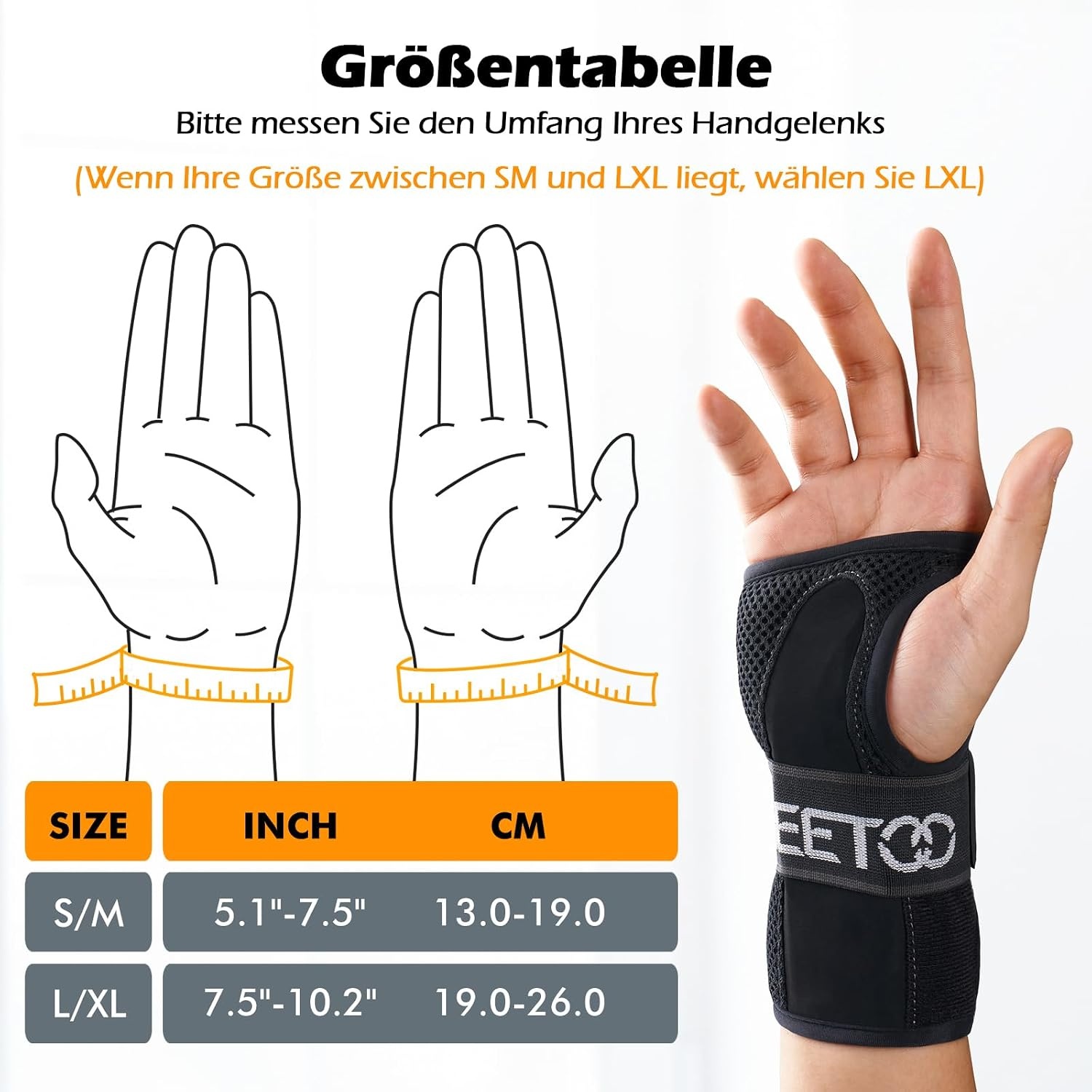 image:imageFREETOO Handgelenkstutze mit 3 Metallschiene zur KarpaltunnelsyndromRechtsSchwarz